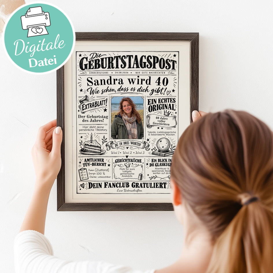 Selbst gestaltete Geburtstagszeitung als PDF, ausgedruckt und eingerahmt an der Wand