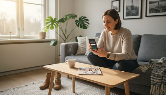 Eine Frau verschickt im Wohnzimmer eine digitale Geschenkkarte.