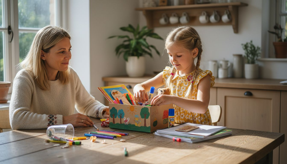 Ein Kind stellt seine ganz persönliche Geschenkbox für die Schule zusammen.