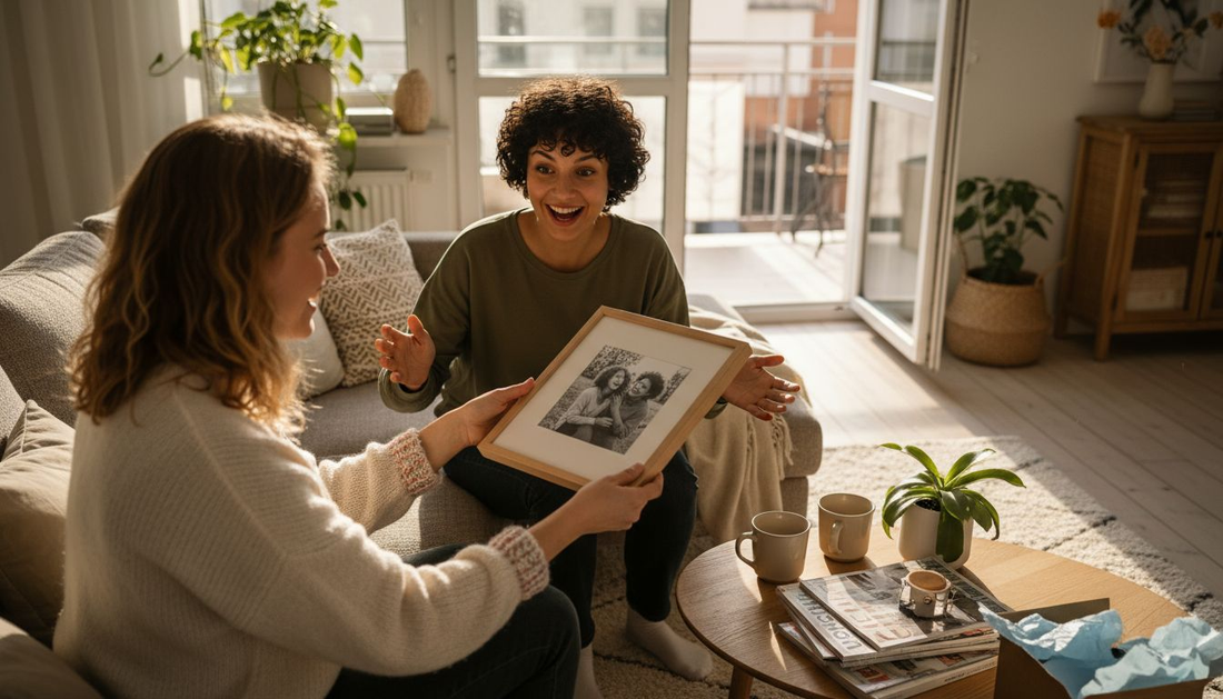 Im Wohnzimmer überrascht die Freundin ihren Partner mit einem Geschenk.
