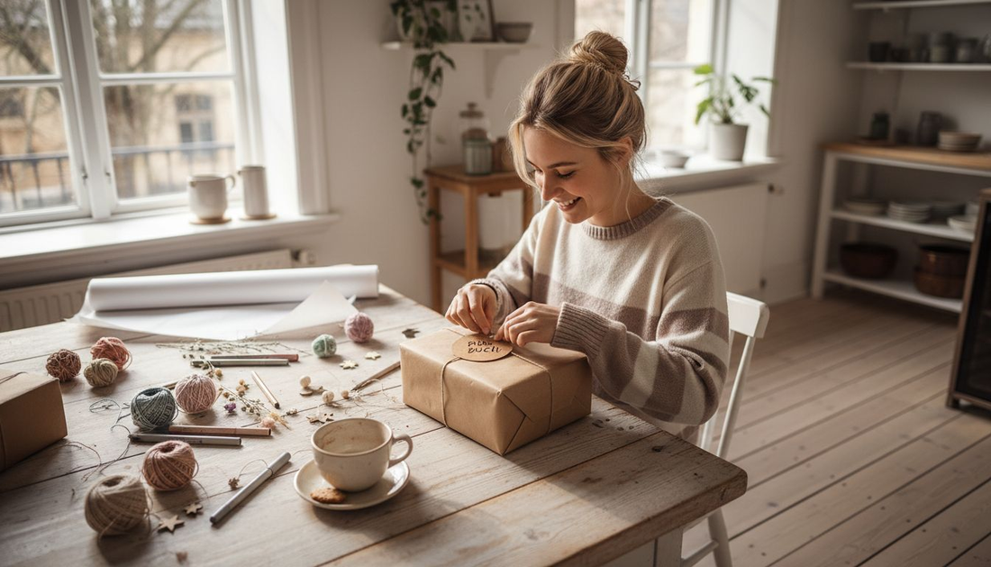 Eine Frau sitzt am Tisch und verpackt liebevoll ein personalisiertes Geschenk.