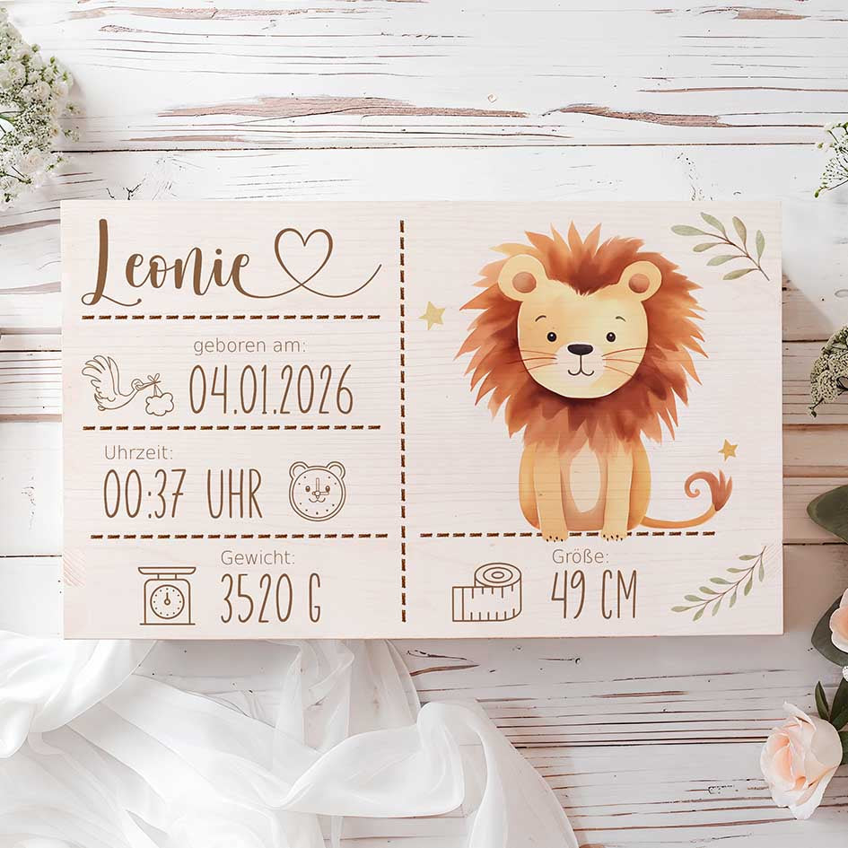 Personalisierte Erinnerungsbox zur Geburt aus Holz mit Lasergravur