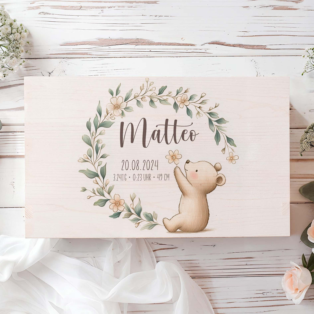 Personalisierte Erinnerungskiste aus Holz mit Gravur – Geschenk zur Geburt des zweiten Kindes