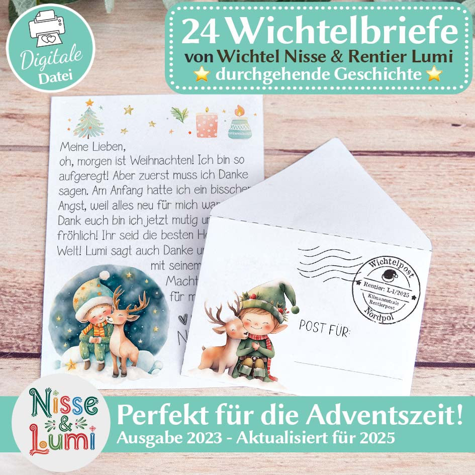 24 liebevoll illustrierte Wichtelbriefe mit Umschlägen zum Ausdrucken für die Adventszeit