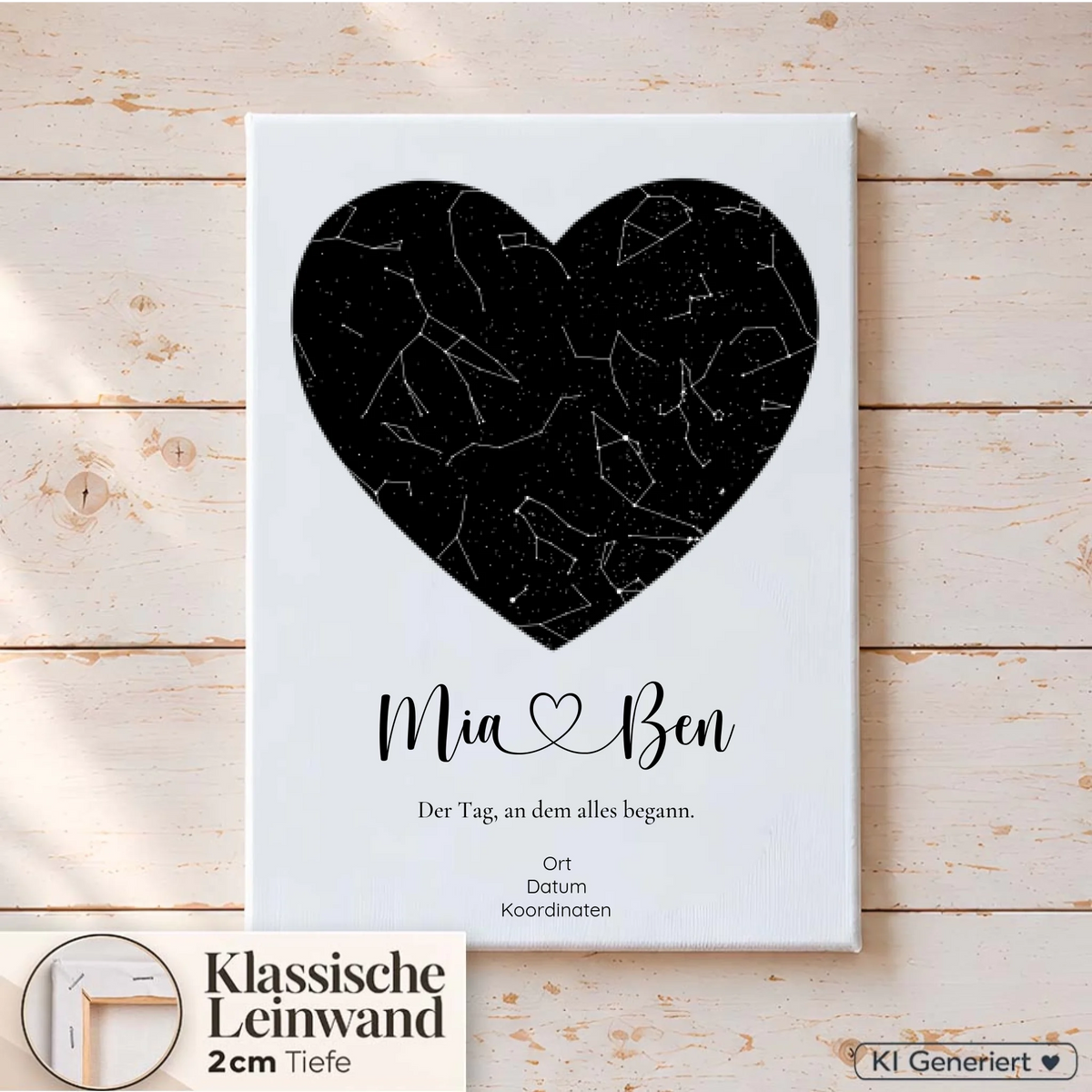 Leinwand mit Sternenhimmel in Herzform zum Hochzeitstag, klassische Leinwand mit 2 cm Tiefe