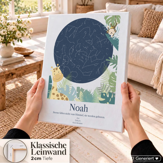 Geburtsposter Sternenhimmel auf Leinwand mit Name Noah, in zwei Händen vor einem Sofa gehalten