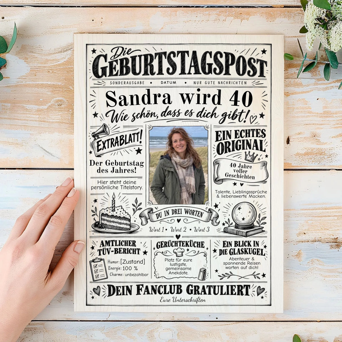 Personalisierte Geburtstagszeitung auf Holz in der Hand, mit Foto, Schlagzeilen, TÜV-Bericht und Unterschriften