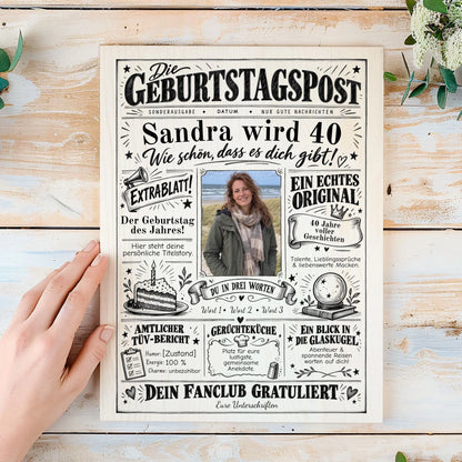 Personalisierte Geburtstagszeitung auf Holz in der Hand, mit Foto, Schlagzeilen, TÜV-Bericht und Unterschriften