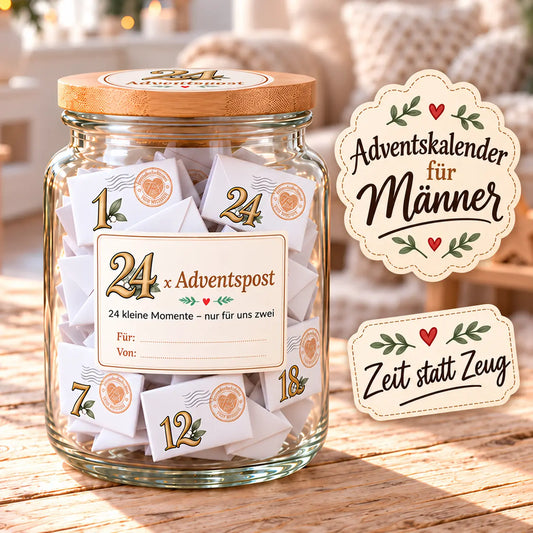 Adventskalender für Männer zum Selbermachen: Glas mit 24 nummerierten Umschlägen und Etikett „24 x Adventspost“