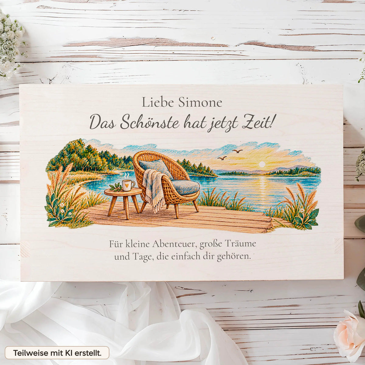 Deckel der Rentenbox mit Holzsteg am See bei Sonnenuntergang und Grußtext für die Kollegin