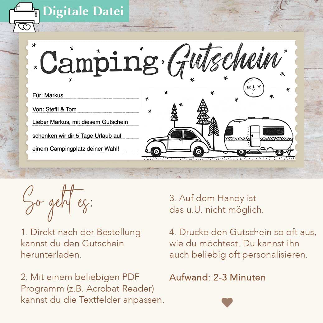 Camping Gutschein Vorlage – Digitaler Camping-Gutschein zum Ausdrucken & Verschenken – Herzensprojekt Manufaktur