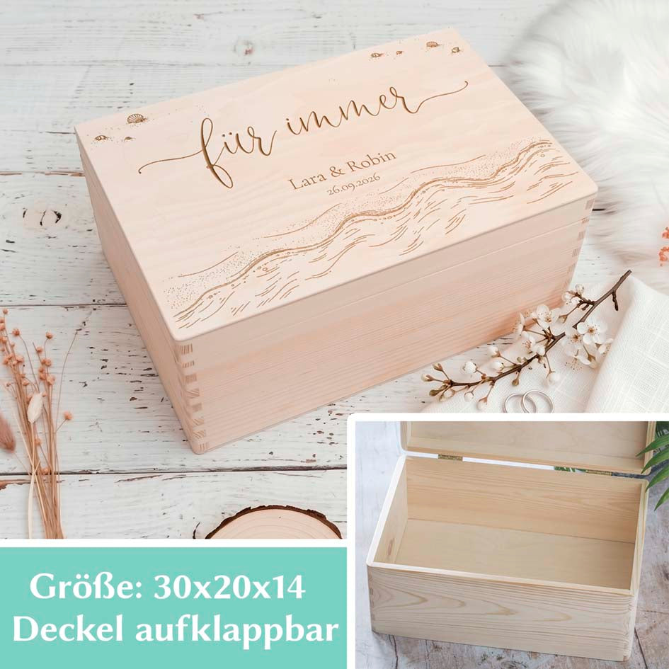 Erinnerungsbox zur Hochzeit für Strandverliebte, Holzbox 30x20x14 cm mit Wellen-Motiv