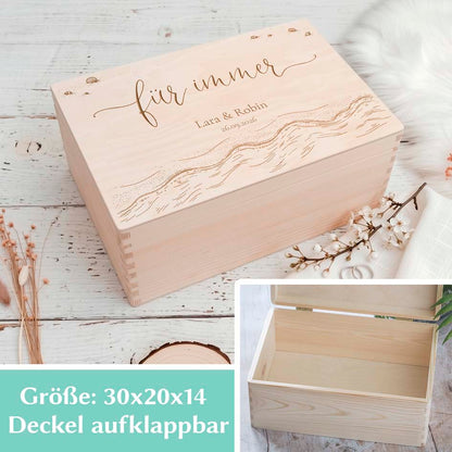 Erinnerungsbox zur Hochzeit für Strandverliebte, Holzbox 30x20x14 cm mit Wellen-Motiv