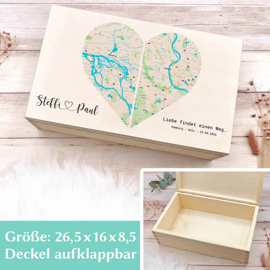 Fernbeziehung Geschenk Box in 26,5 x 16 x 8,5 cm mit aufklappbarem Deckel, Innenansicht