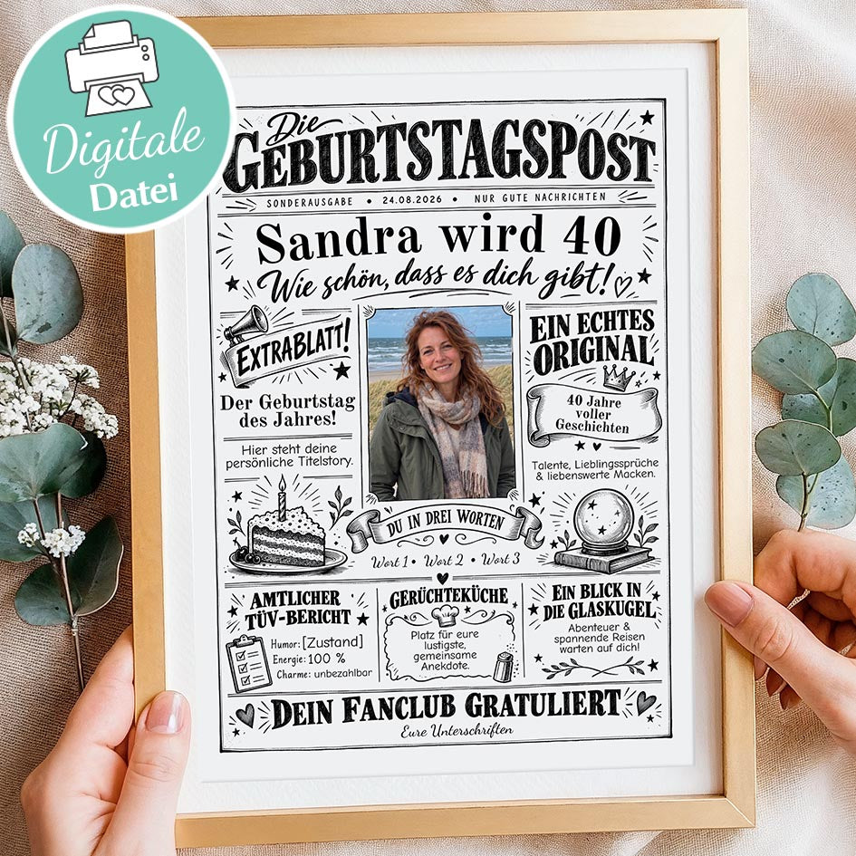 Geburtstagszeitung erstellen: ausgedruckte Geburtstagspost im Holzrahmen mit Foto, Sandra wird 40