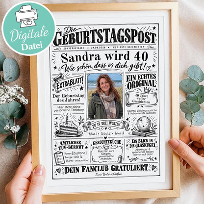 Geburtstagszeitung erstellen: ausgedruckte Geburtstagspost im Holzrahmen mit Foto, Sandra wird 40