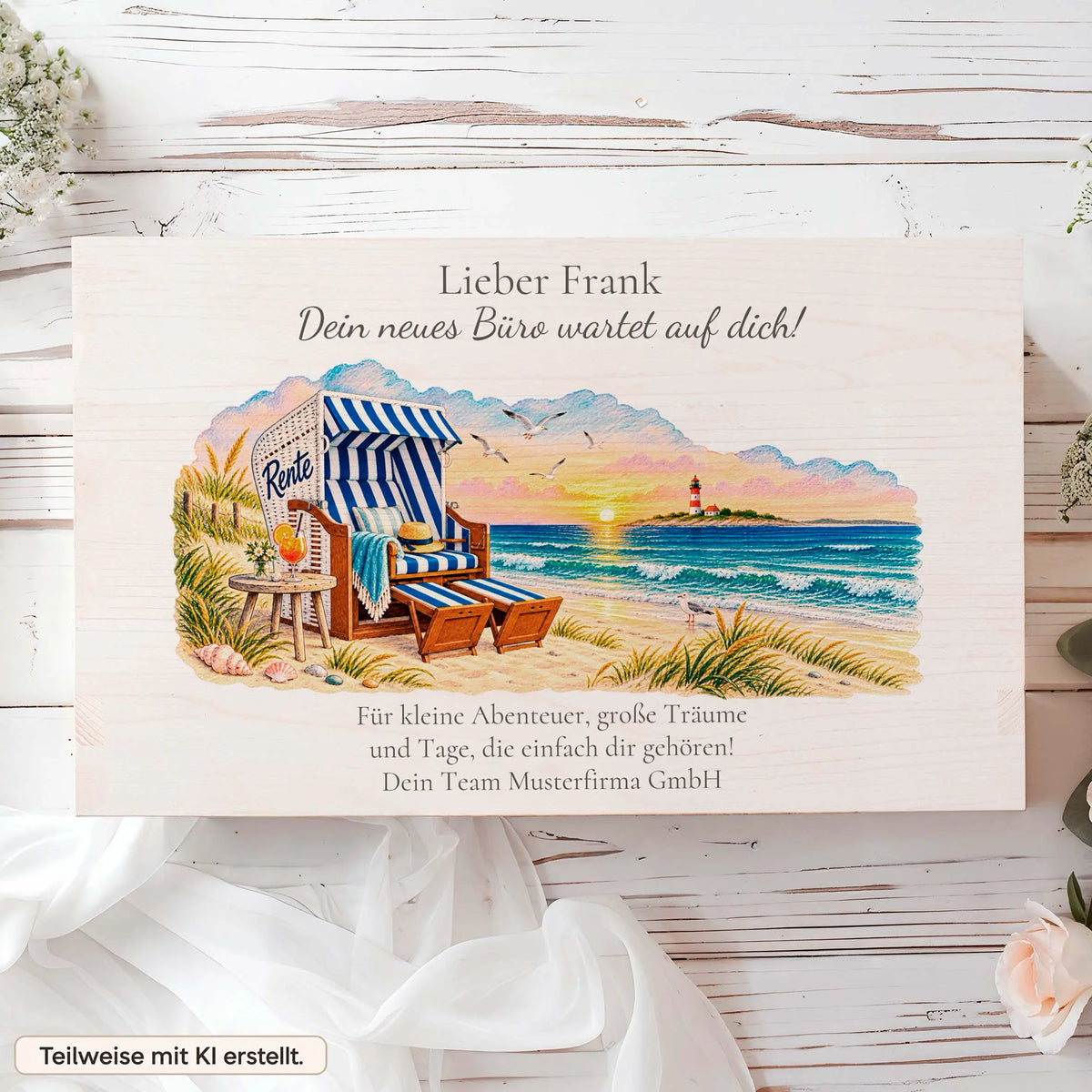 Ruhestand Geschenk für Männer: Holzbox mit Strandkorb und „Lieber Frank – Dein neues Büro wartet auf dich!“