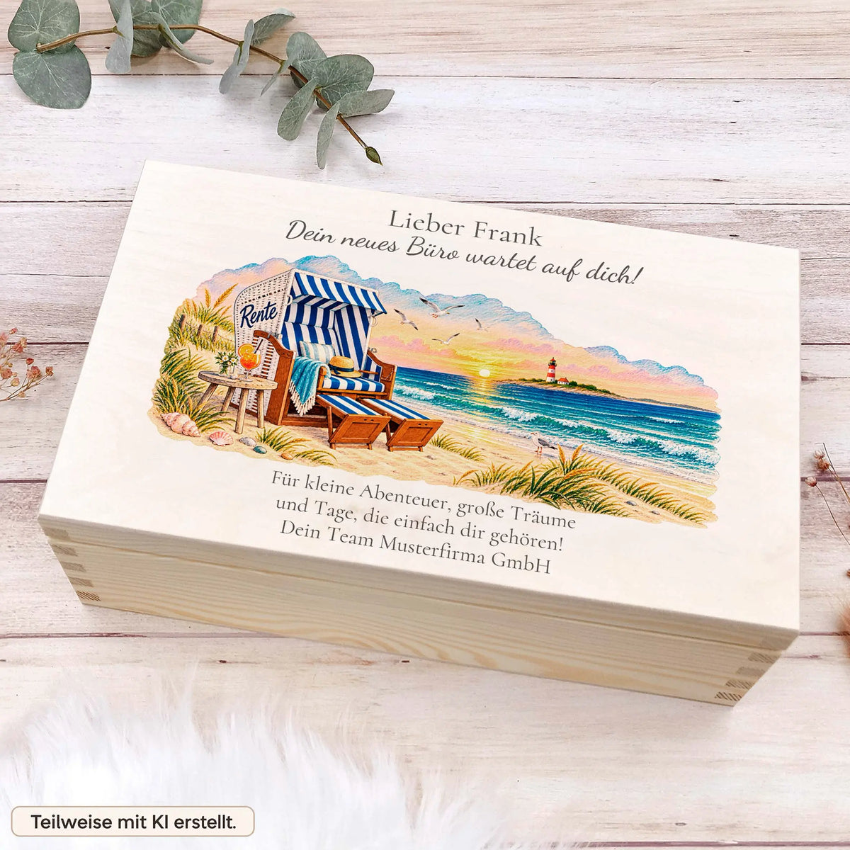 Personalisierte Erinnerungsbox zur Rente mit Strandkorb, Leuchtturm und Gruß vom Team