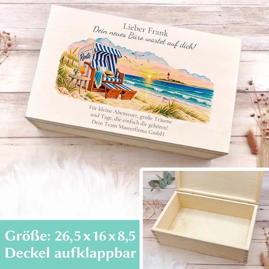 Ruhestand Geschenk Box in 26,5 x 16 x 8,5 cm mit aufklappbarem Deckel, Innenansicht