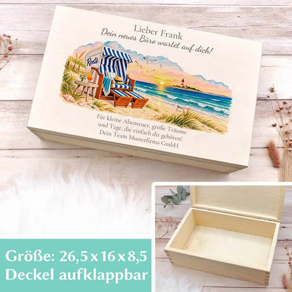 Ruhestand Geschenk Box in 26,5 x 16 x 8,5 cm mit aufklappbarem Deckel, Innenansicht