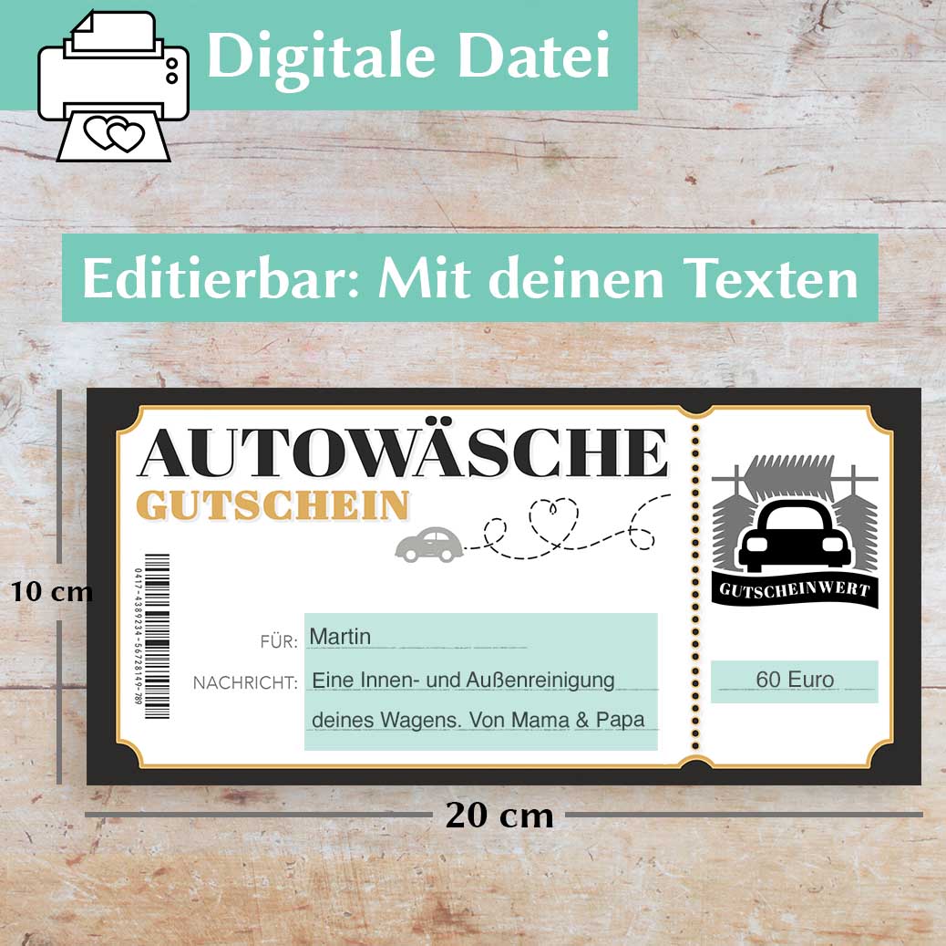 Autowäsche Gutschein ❤️ zum Personalisieren ☑️ PDF Download